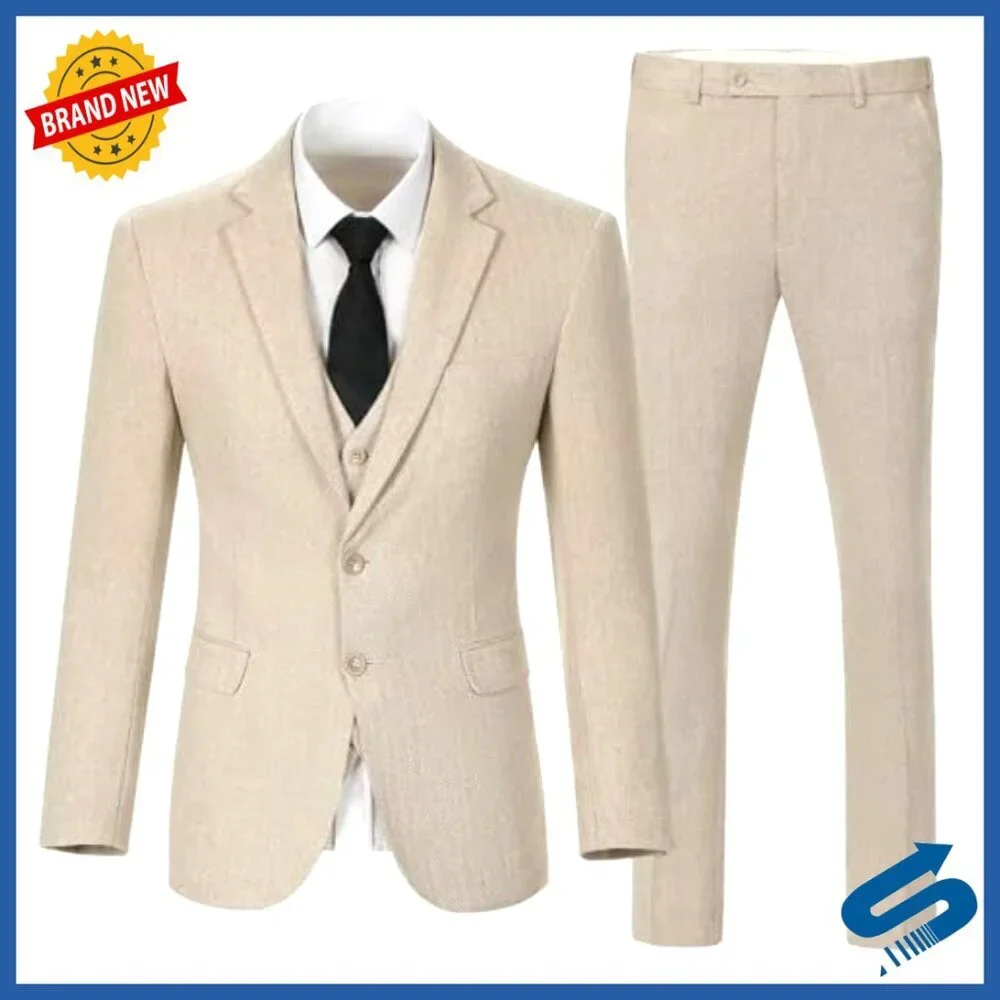 Slim Fit Herringbone Tweed 3-Piece Suit Set for Men